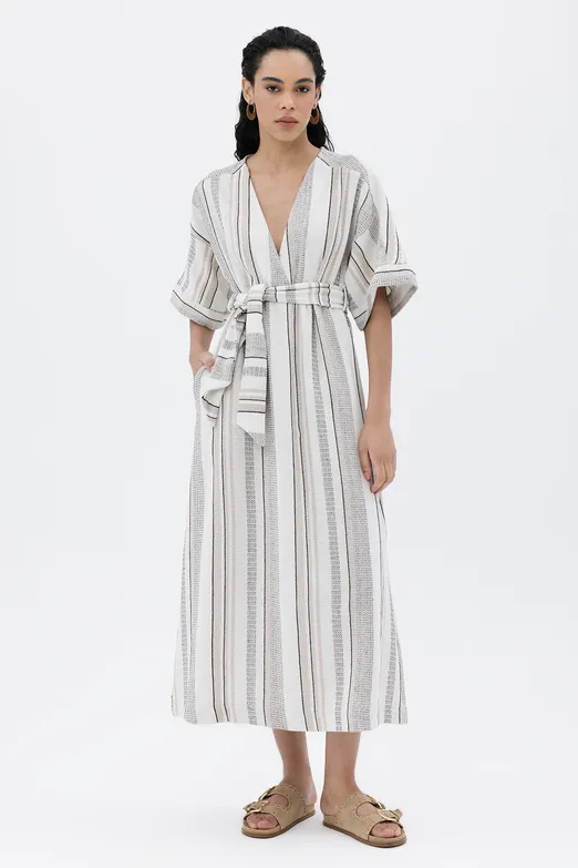 Bayan Ekru Kruvaze Yaka Keten Karışım Midi Elbise - BSL