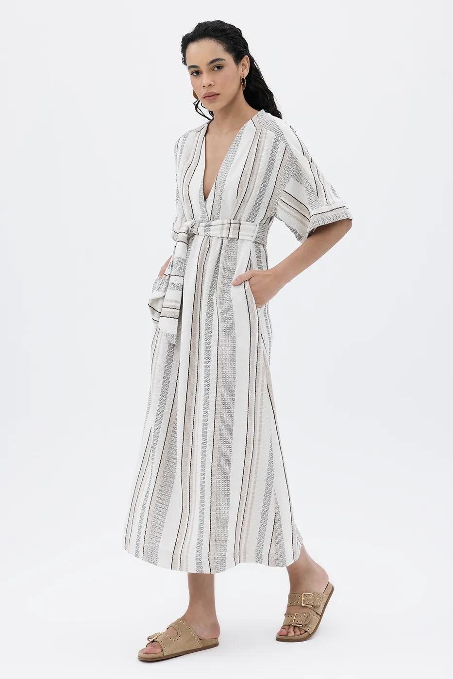 Bayan Ekru Kruvaze Yaka Keten Karışım Midi Elbise