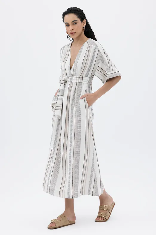 Bayan Ekru Kruvaze Yaka Keten Karışım Midi Elbise - BSL