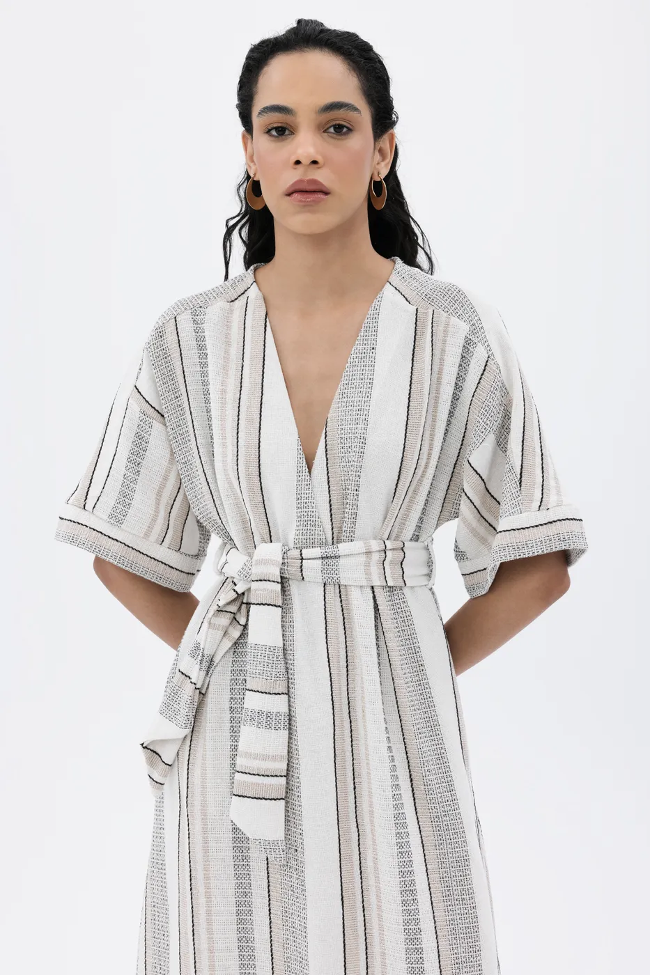 Bayan Ekru Kruvaze Yaka Keten Karışım Midi Elbise