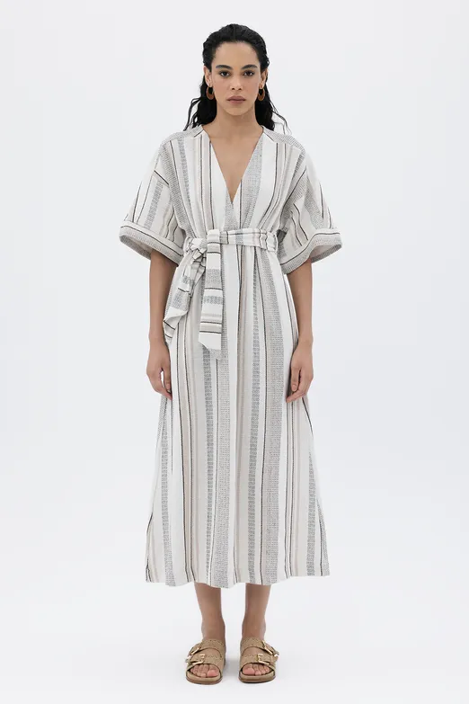 Bayan Ekru Kruvaze Yaka Keten Karışım Midi Elbise - BSL