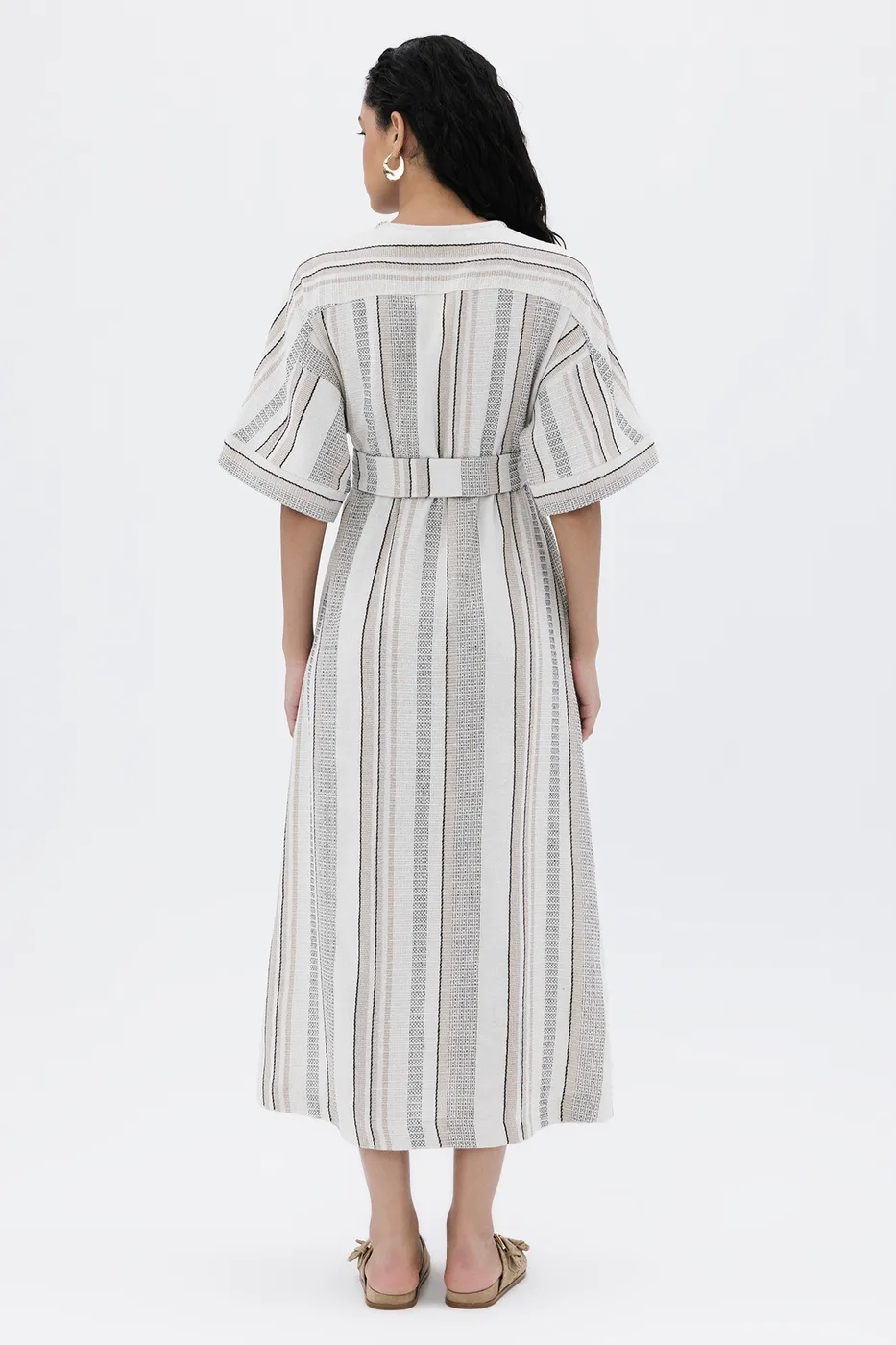 Bayan Ekru Kruvaze Yaka Keten Karışım Midi Elbise