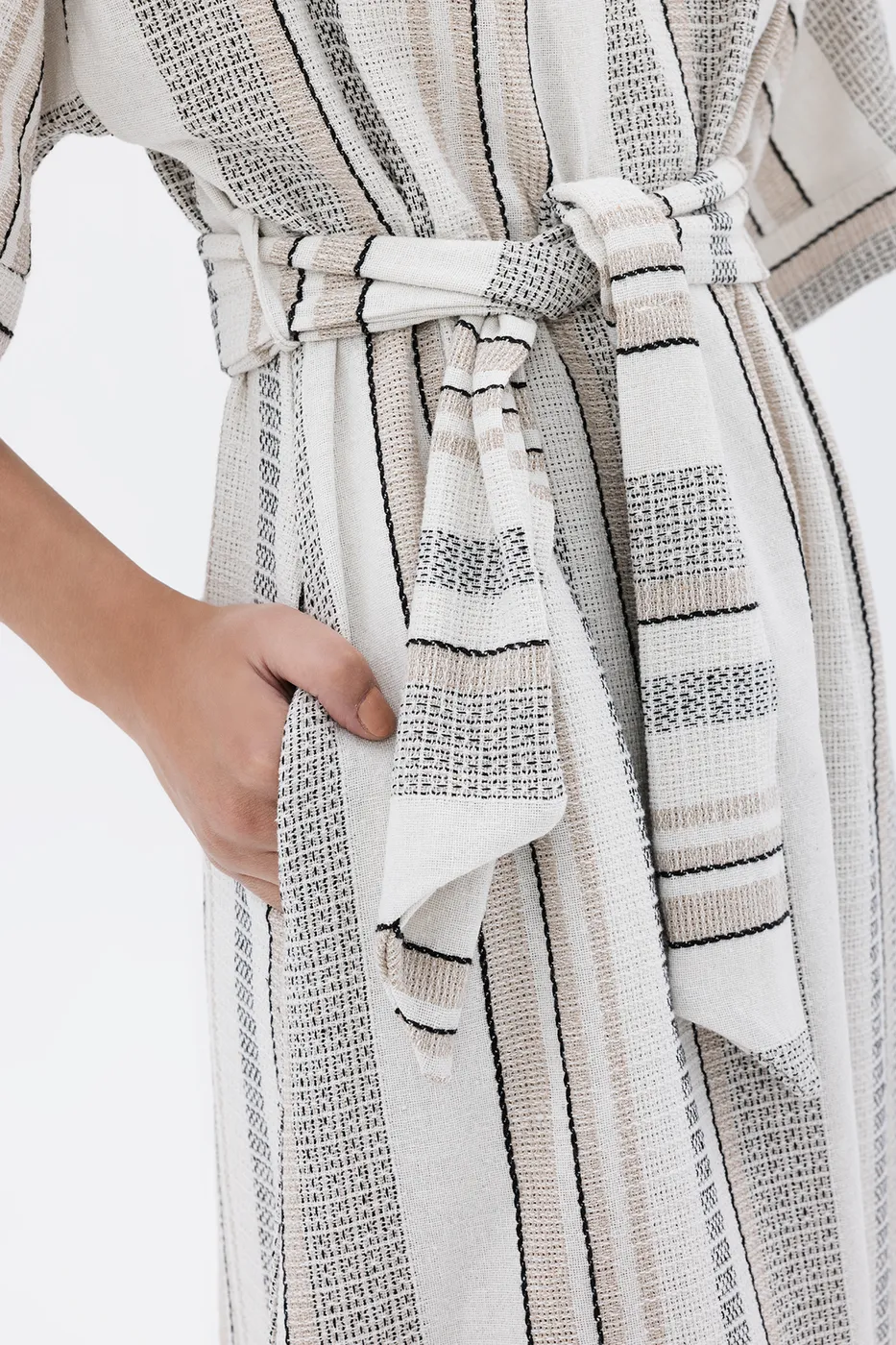 Bayan Ekru Kruvaze Yaka Keten Karışım Midi Elbise