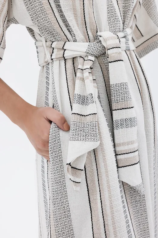 Bayan Ekru Kruvaze Yaka Keten Karışım Midi Elbise - BSL