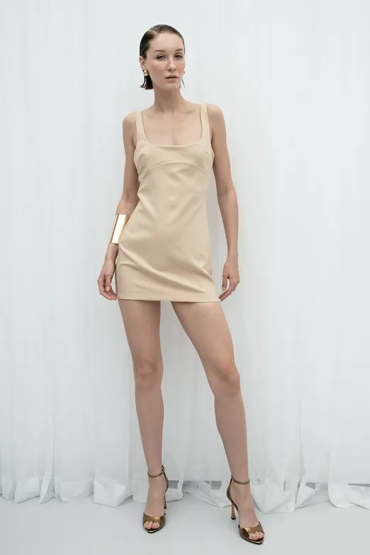 Bayan Bej Vücuda Oturan Mini Elbise - BSL