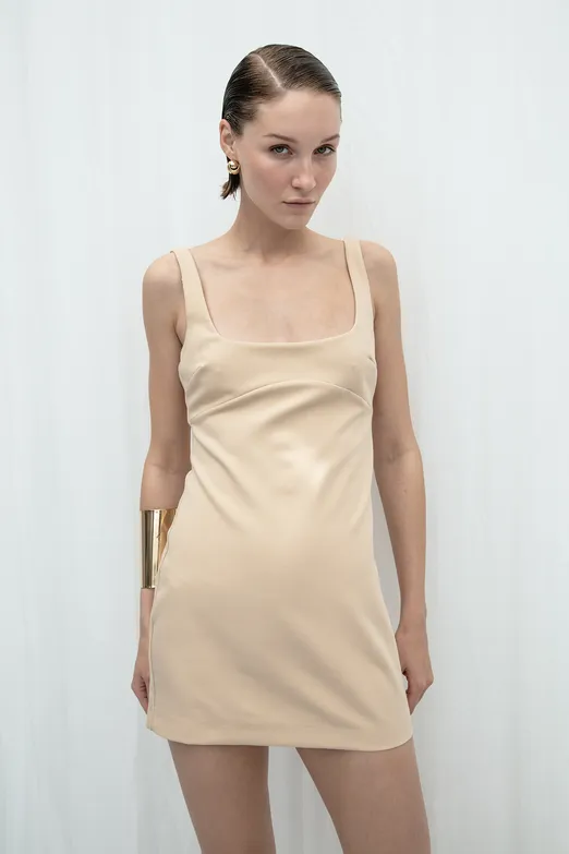 Bayan Ekru Vücuda Oturan Mini Elbise - BSL