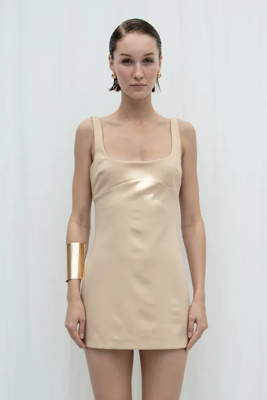 Bayan Ekru Vücuda Oturan Mini Elbise - BSL