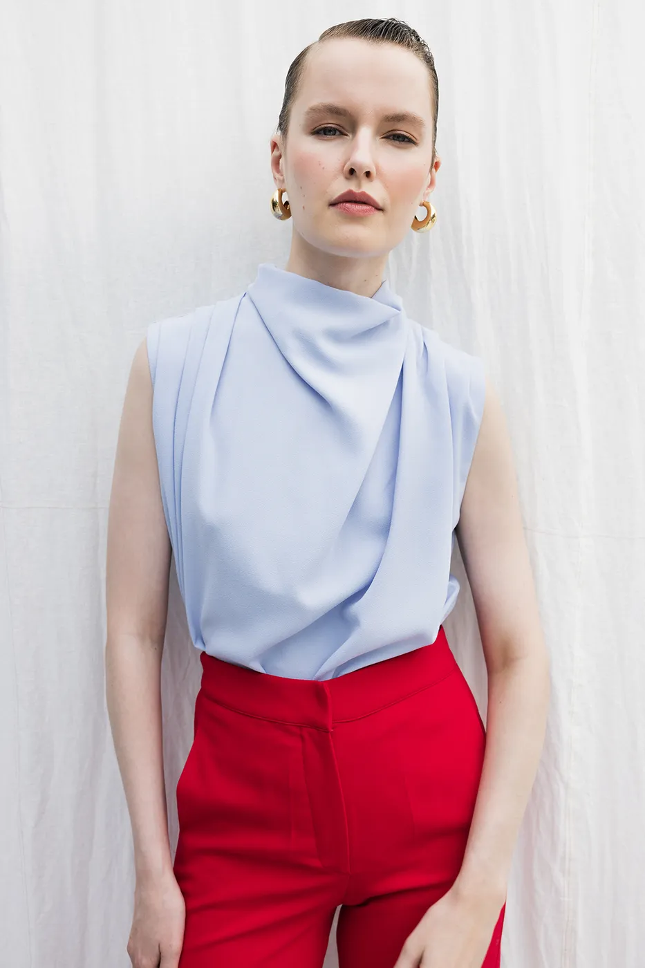 Bayan Mavi Dik Degaje Yakalı Bluz