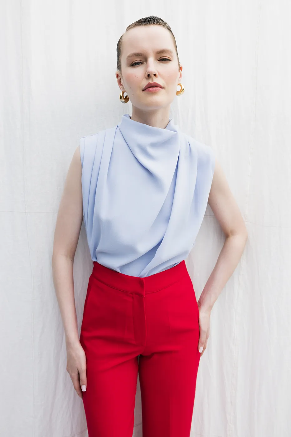 Bayan Mavi Dik Degaje Yakalı Bluz