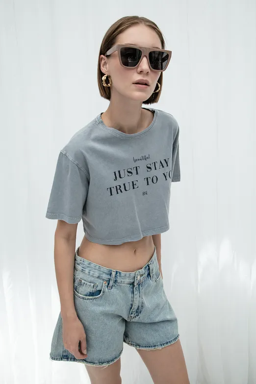 Bayan Antrasit Baskılı Crop Tshirt - BSL