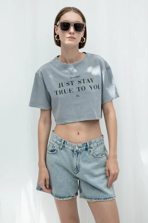 Bayan Antrasit Baskılı Crop Tshirt - BSL