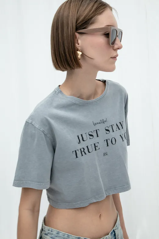 Bayan Antrasit Baskılı Crop Tshirt - BSL