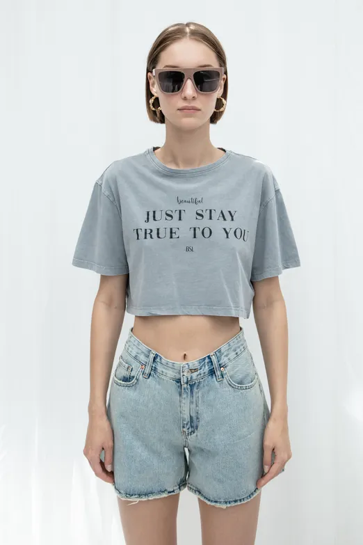 Bayan Antrasit Baskılı Crop Tshirt - BSL
