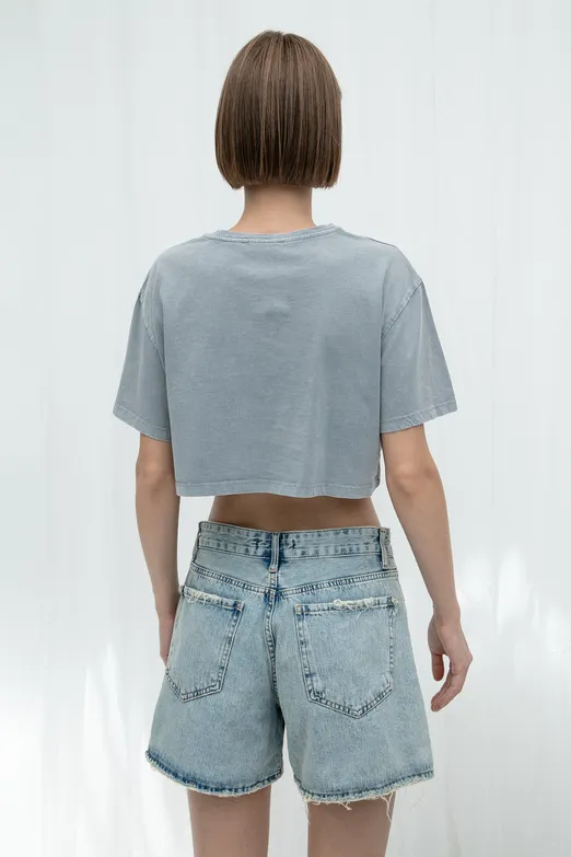 Bayan Antrasit Baskılı Crop Tshirt - BSL