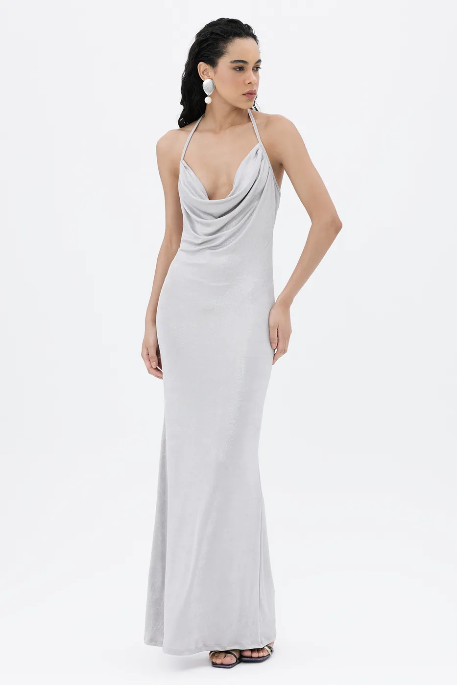 Bayan Gri Degaje Yakalı Askılı Maksi Elbise