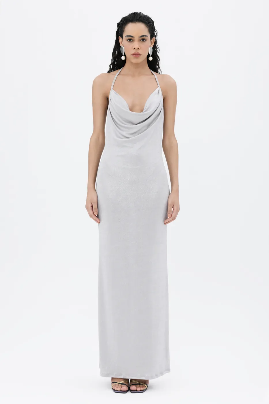 Bayan Gri Degaje Yakalı Askılı Maksi Elbise