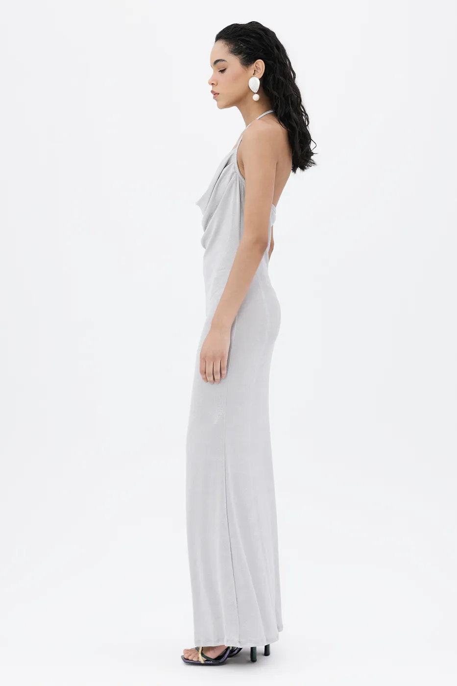 Bayan Gri Degaje Yakalı Askılı Maksi Elbise