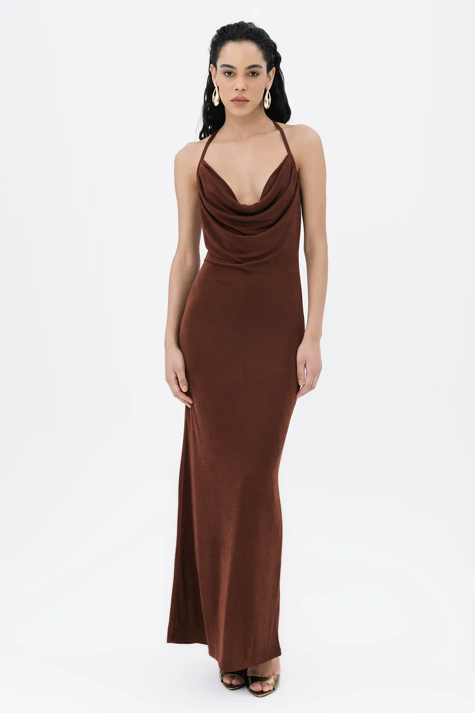 Bayan Kahverengi Degaje Yakalı Askılı Maksi Elbise