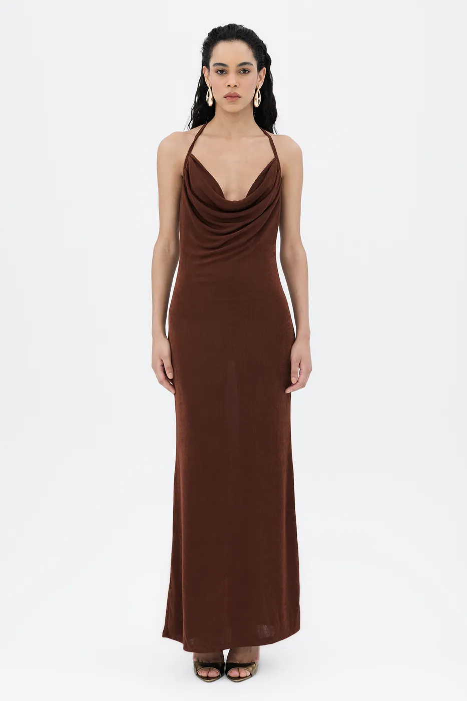 Bayan Kahverengi Degaje Yakalı Askılı Maksi Elbise