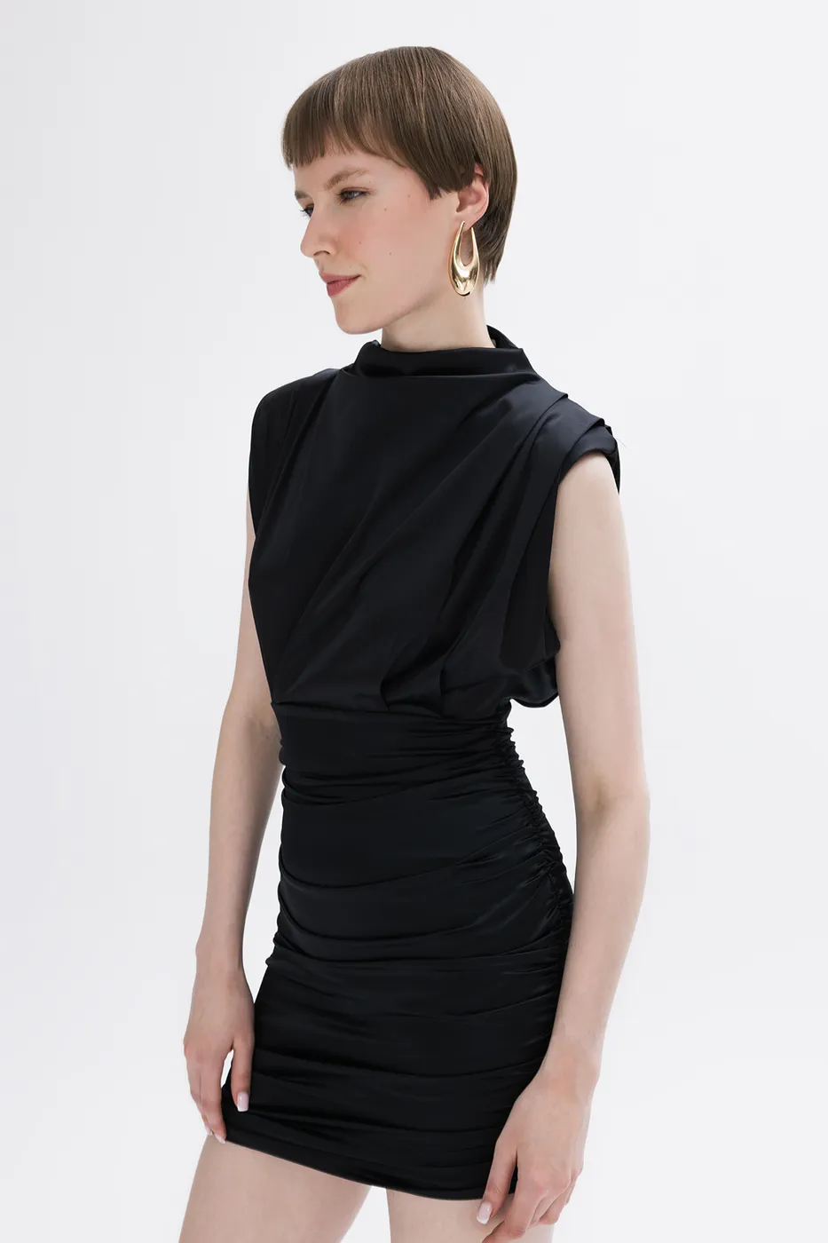 Bayan Siyah Drapeli Saten  Mini Elbise