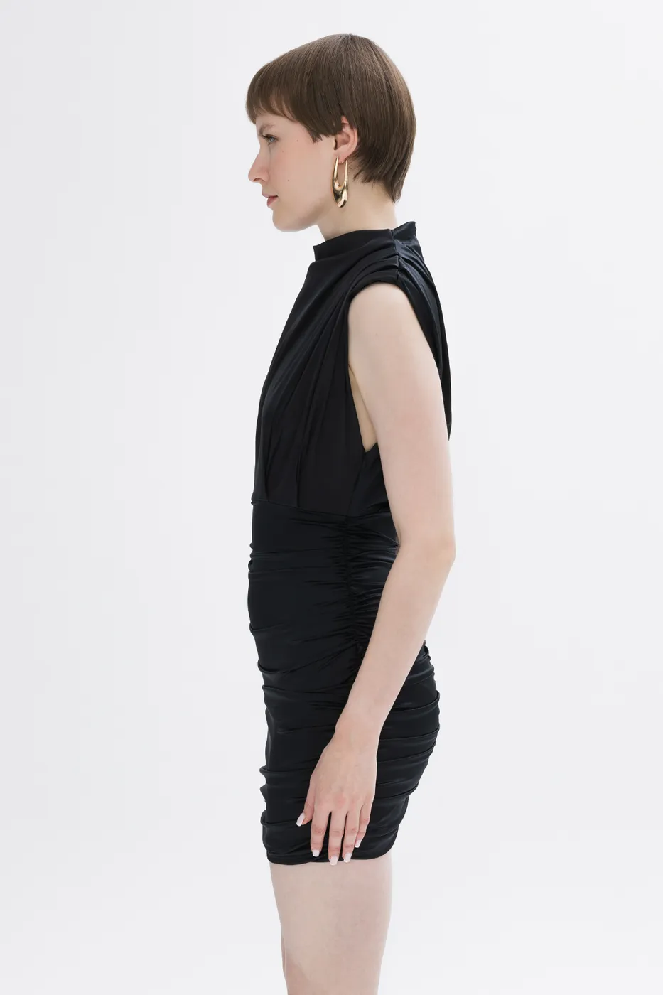 Bayan Siyah Drapeli Saten  Mini Elbise
