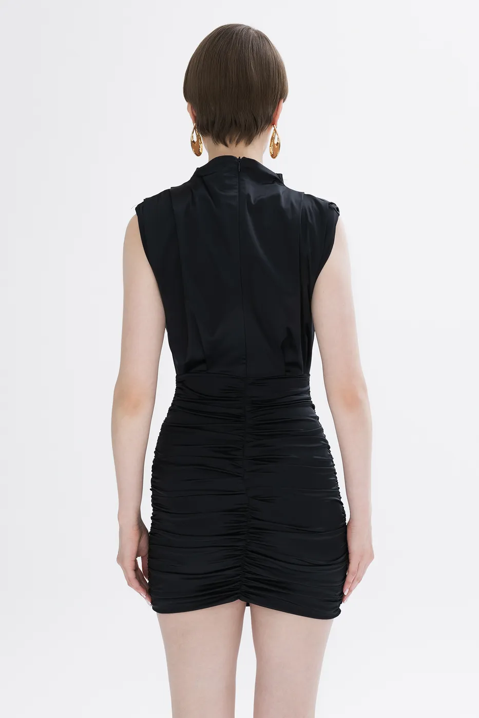 Bayan Siyah Drapeli Saten  Mini Elbise