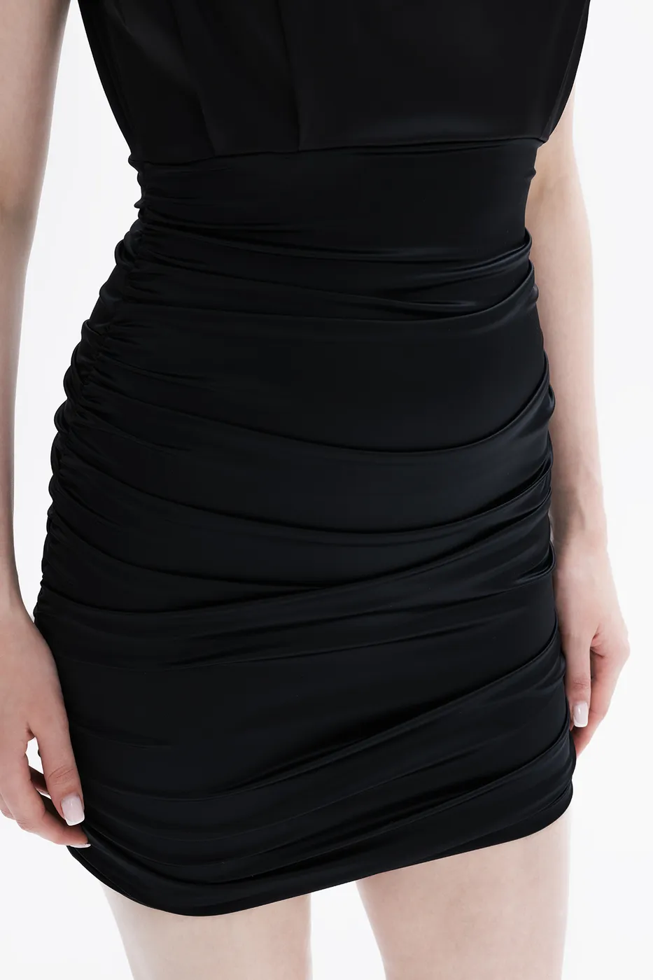 Bayan Siyah Drapeli Saten  Mini Elbise