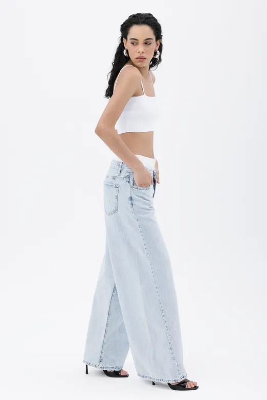 Bayan Mavi Kontras Boxer Detaylı Bol Denim Pantolon - BSL