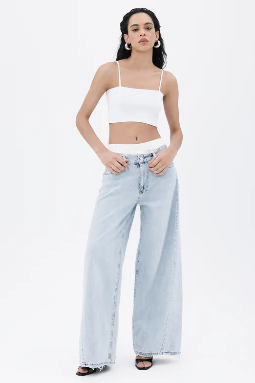 Bayan Mavi Kontras Boxer Detaylı Bol Denim Pantolon - BSL