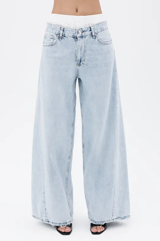 Bayan Mavi Kontras Boxer Detaylı Bol Denim Pantolon - BSL