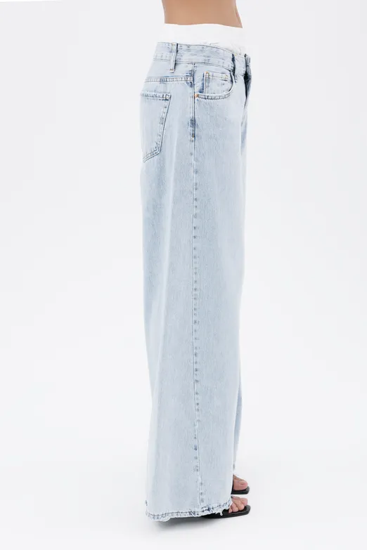 Bayan Mavi Kontras Boxer Detaylı Bol Denim Pantolon - BSL