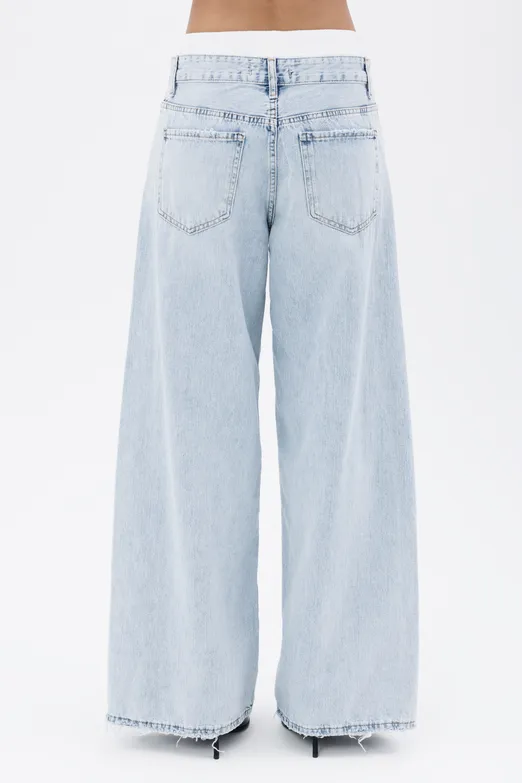 Bayan Mavi Kontras Boxer Detaylı Bol Denim Pantolon - BSL