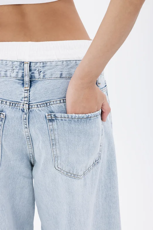 Bayan Mavi Kontras Boxer Detaylı Bol Denim Pantolon - BSL