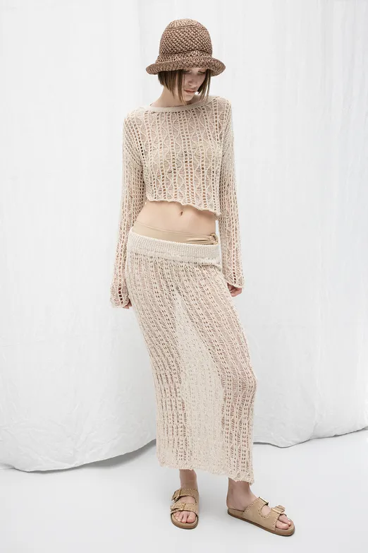 Bayan Bej Örgü Kalem Midi Etek - BSL