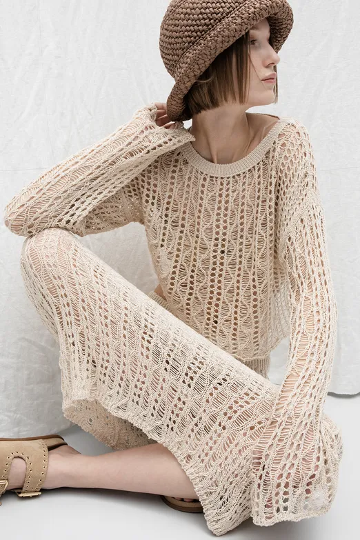 Bayan Bej Örgü Kalem Midi Etek - BSL