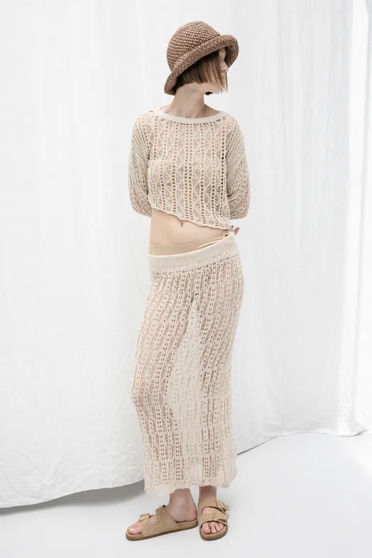 Bayan Bej Örgü Kalem Midi Etek - BSL