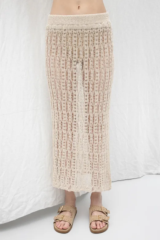 Bayan Bej Örgü Kalem Midi Etek - BSL