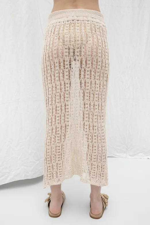Bayan Bej Örgü Kalem Midi Etek - BSL