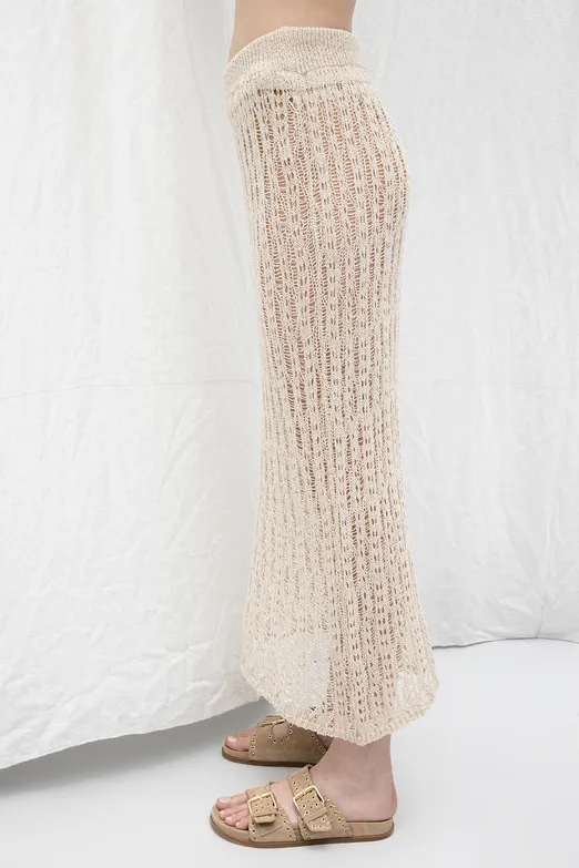 Bayan Bej Örgü Kalem Midi Etek - BSL