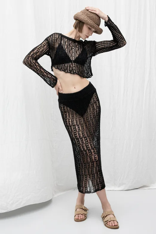 Bayan Siyah Örgü Kalem Midi Etek - BSL