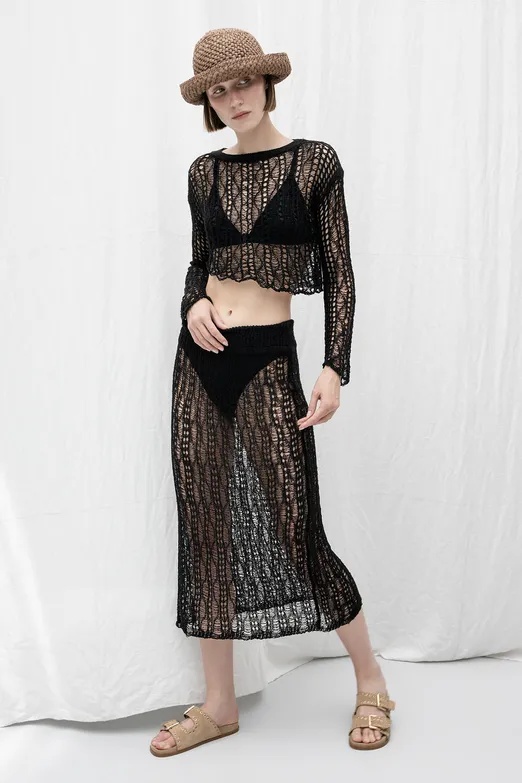 Bayan Siyah Örgü Kalem Midi Etek - BSL