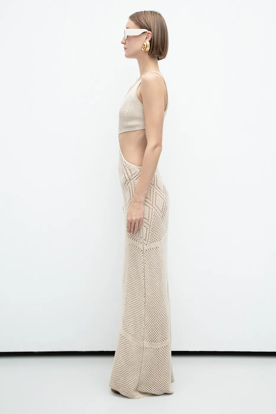 Bayan Bej Ajurlu Örgü Maksi Elbise