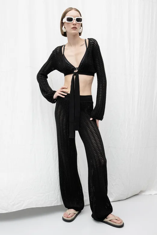 Bayan Siyah Düz Paça Ajurlu Örgü Pantolon - BSL