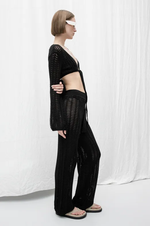 Bayan Siyah Düz Paça Ajurlu Örgü Pantolon - BSL
