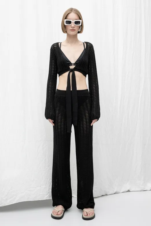 Bayan Siyah Düz Paça Ajurlu Örgü Pantolon - BSL