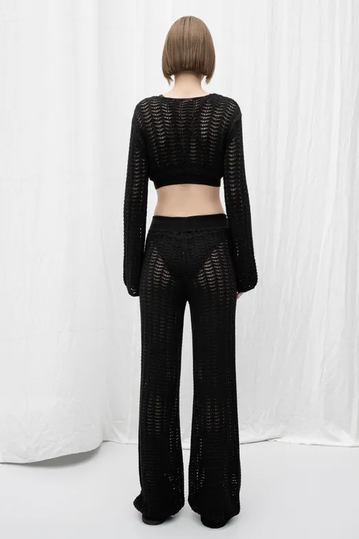 Bayan Siyah Düz Paça Ajurlu Örgü Pantolon - BSL