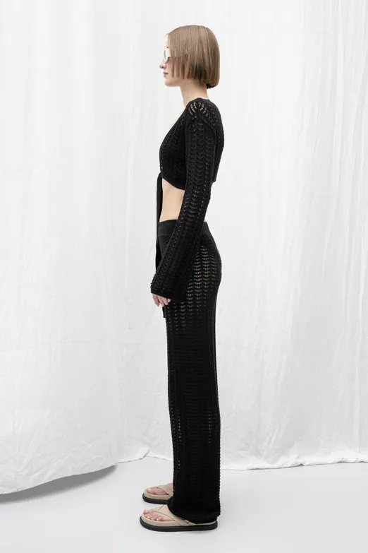 Bayan Siyah Düz Paça Ajurlu Örgü Pantolon - BSL