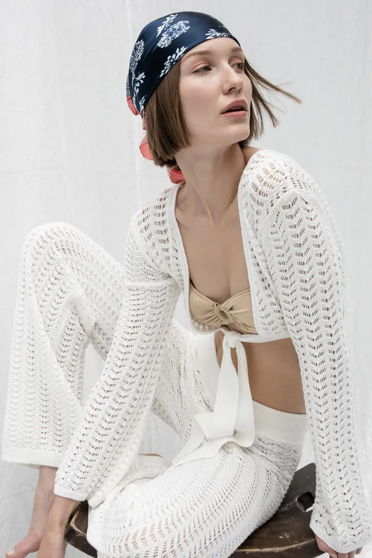 Bayan Beyaz Ajurlu Bağlama Detaylı Örgü Bluz - BSL