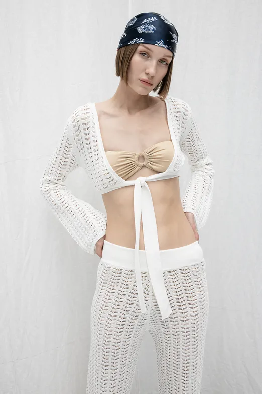 Bayan Beyaz Ajurlu Bağlama Detaylı Örgü Bluz - BSL
