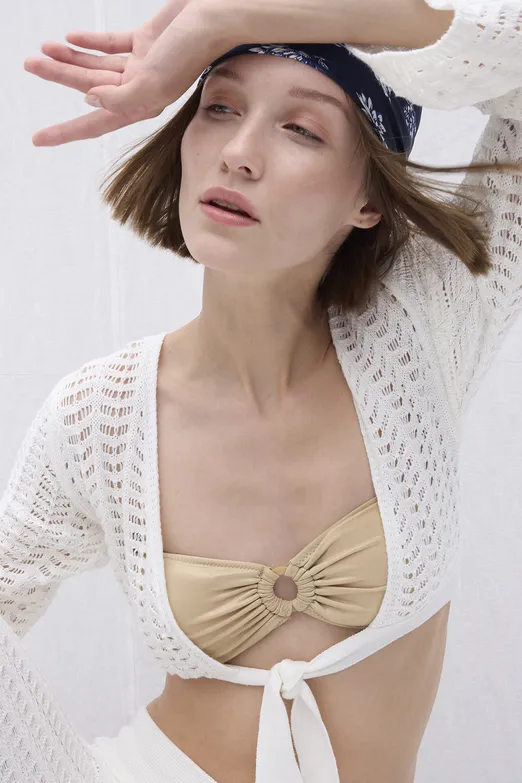 Bayan Beyaz Ajurlu Bağlama Detaylı Örgü Bluz - BSL